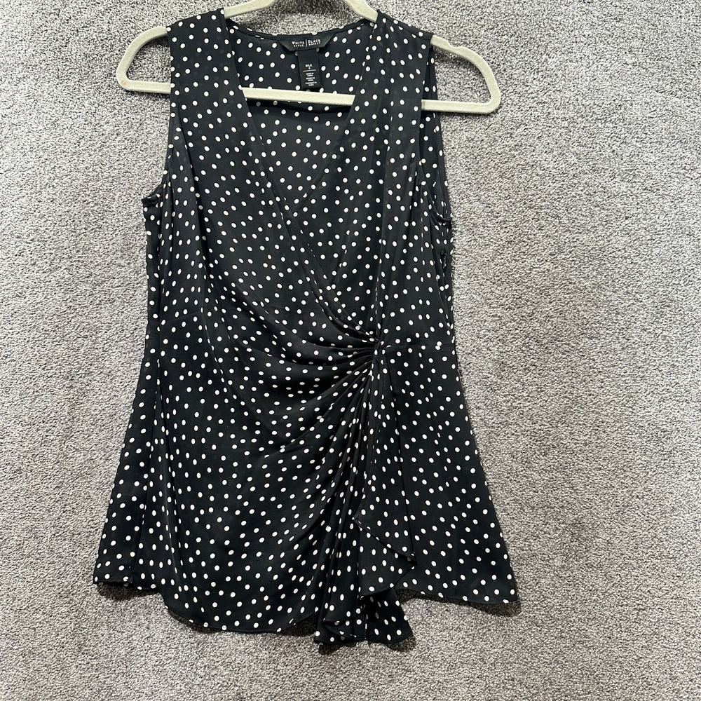 White House Black Market Blouse Tank Top Women 4 Black Silk Polka Dot V‎ Neck